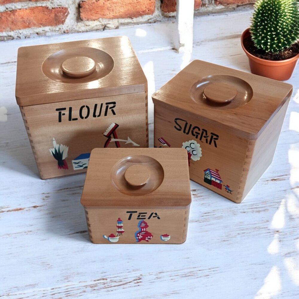 MCM Vintage Set of 3 Hand-Painted Wooden Nesting Canisters – Made in Jap…